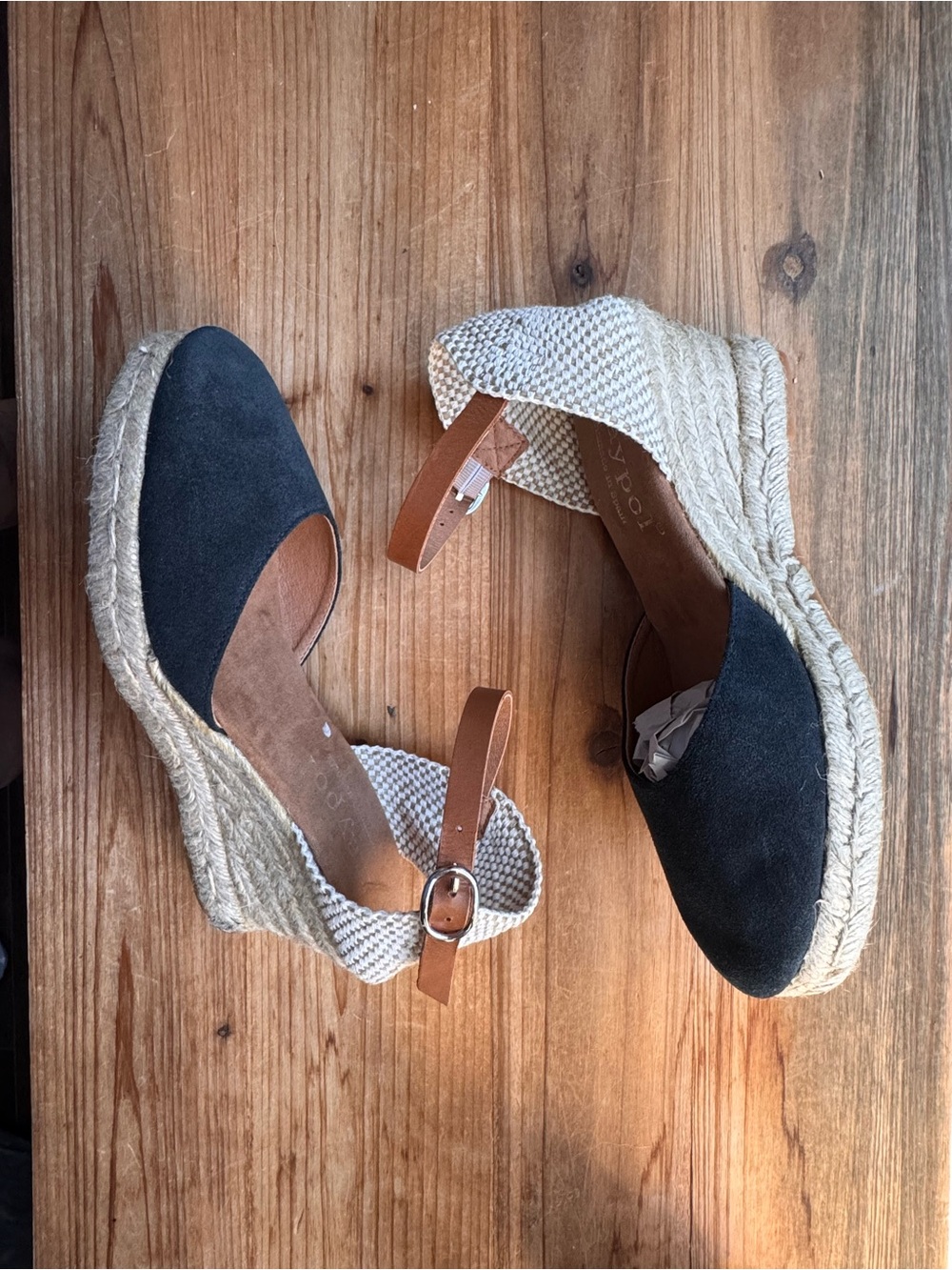 Maypol Spain Espadrille Wedge Sandals 38 Black Suede Leather Ankle Strap
